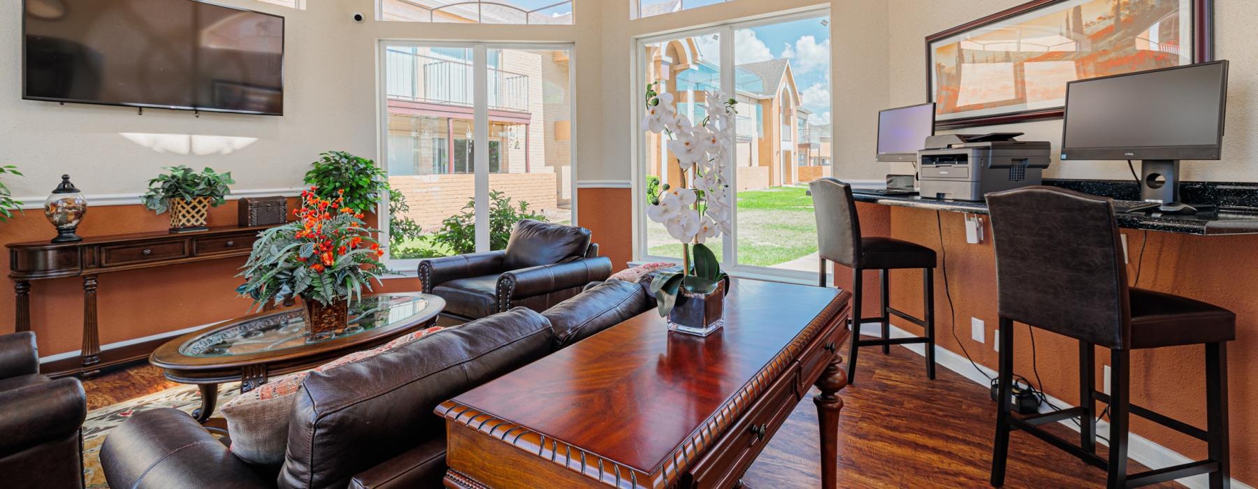 a living room with a large window